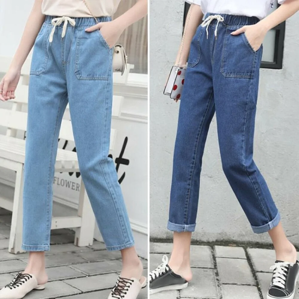 

Womens Elastic Waist Pocket Jeans High Waist Denim Trousers Baggy Casual Pants