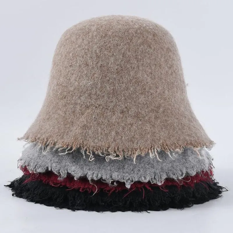 FS Elegant Wool Hat For Women Dark Grey Brown Warm Foldable Ladies Short Brim With Polka Bowknot Winter Fisherman Bucket Hats