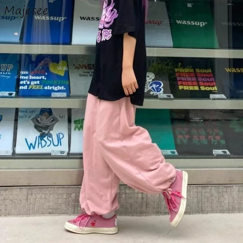 

Однотонные брюки кэжуал розовый свободные размера плюс Harajuku, с завязками, с эластичной резинкой на талии женские для активного отдыха и раз...