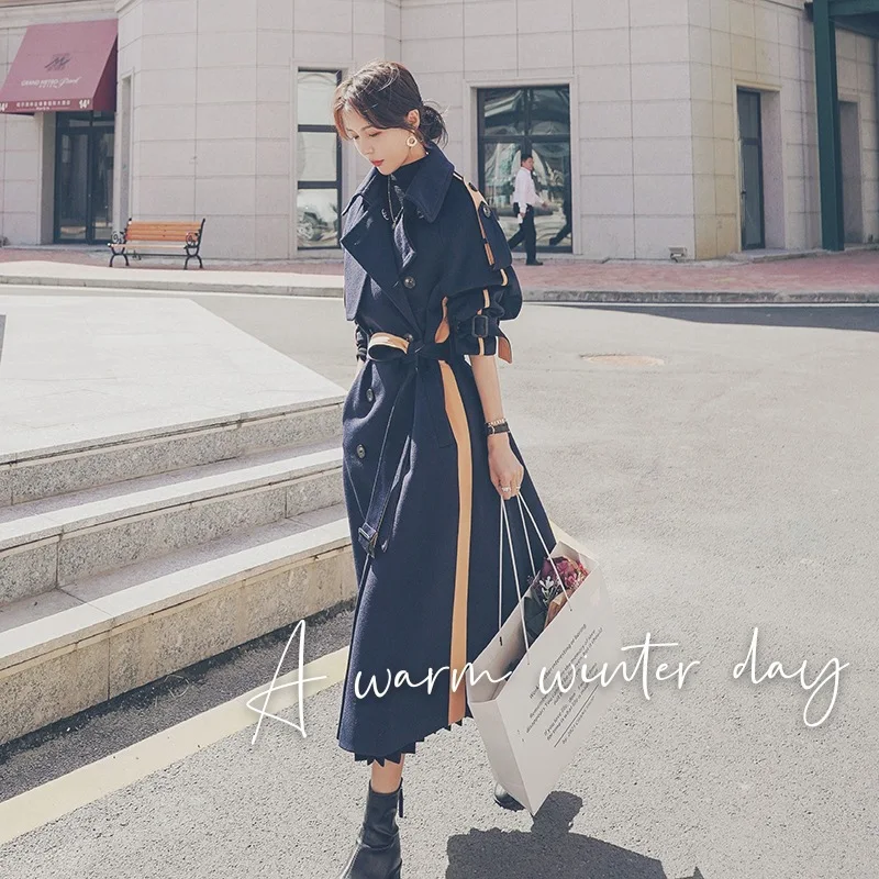 

SuperAen 2021 New Autumn Solid Long Padded Waist Double Breasted Woolen Coat Winter Clothes Women Fashion