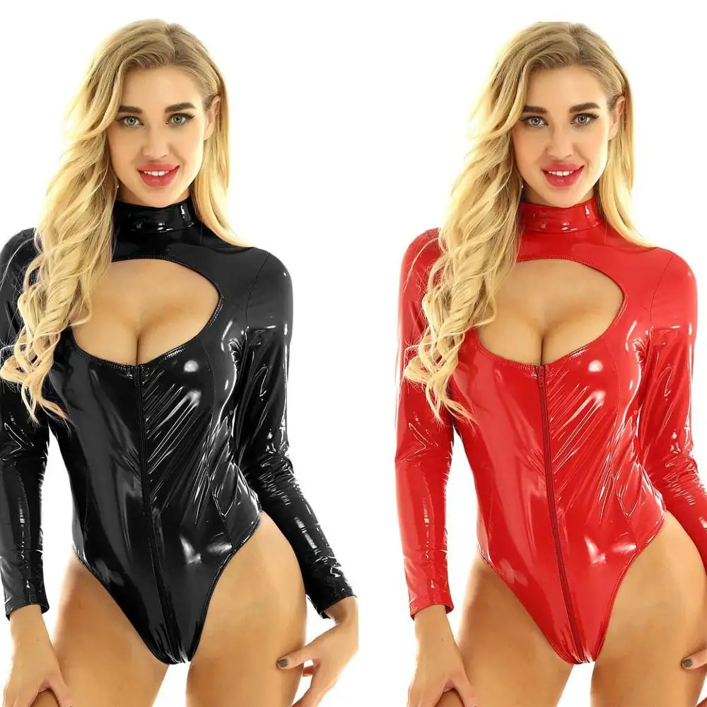 Пикантное женское блестящее кожаное трико с вырезами боди высоким вырезом