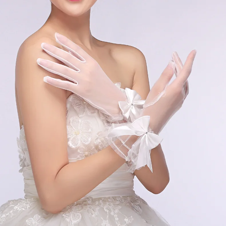 Новые Свадебные перчатки белые для невесты с красивым бантом прозрачные