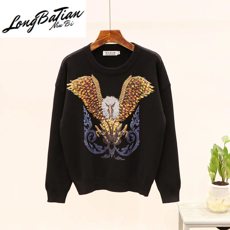 

Knitting Female Beading Sequin Eagle Pattern Long sleeve Sweater + Casual Pants Two Piece Set Women Autumn Ladies Tracksuits