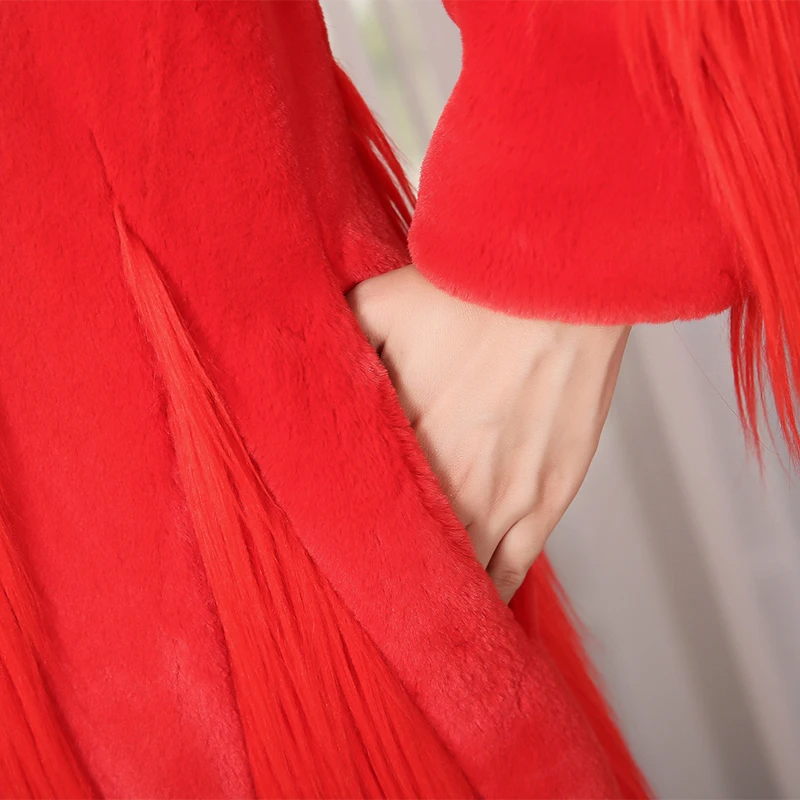 Nerazzurri Winter red long thick warm faux fur coat women Elegant patchwork overcoat fluffy outerwear fashion | Женская одежда