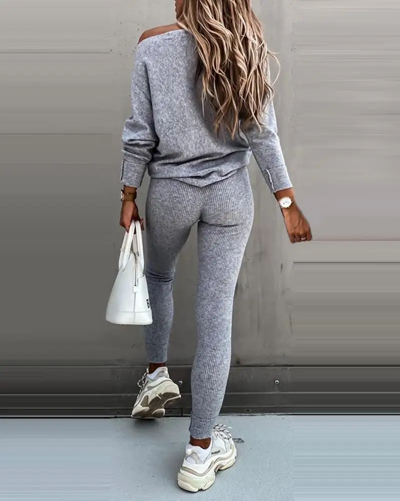 

2020 New Women Elegant Fashion Solid Long Sleeve Top & High Waist Drawstring Pants Set