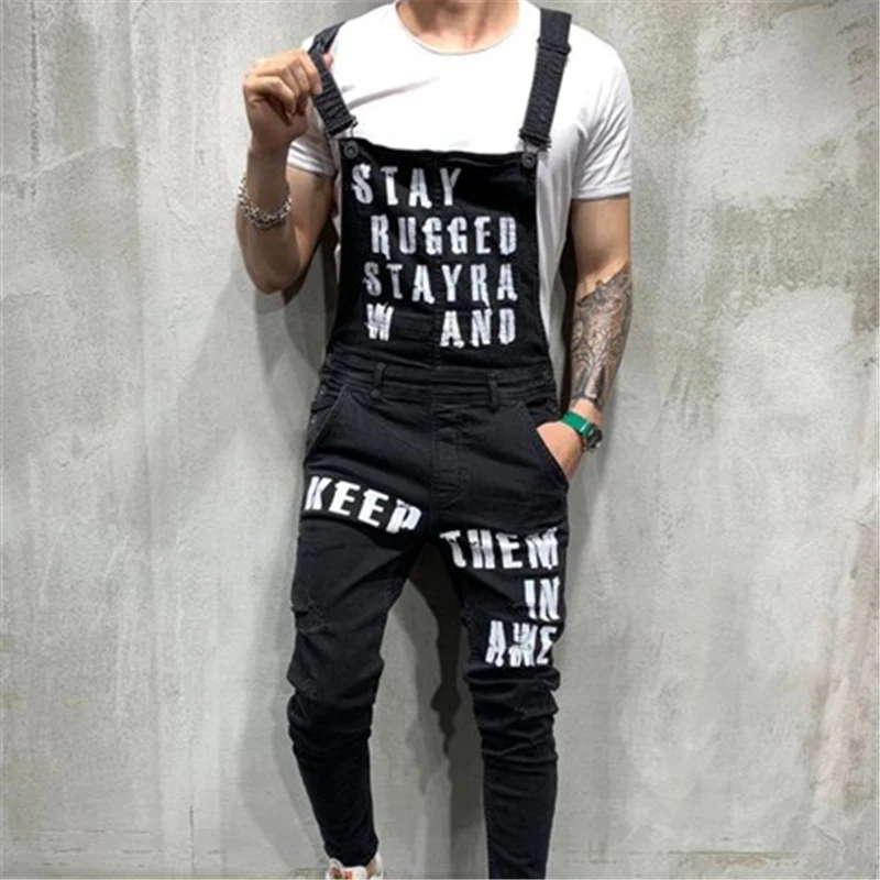 

Men's Denim Pants Solid Color with Letters and Holes Prints Distressed Overalls Plus Size 3XL Pencil Jeans Pants Asian Sizes