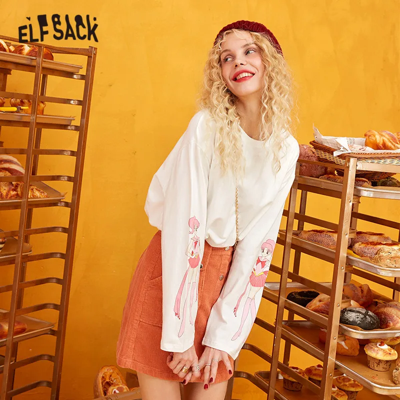 ELFSACK белые одноцветные с мультяшным принтом повседневные футболки для женщин