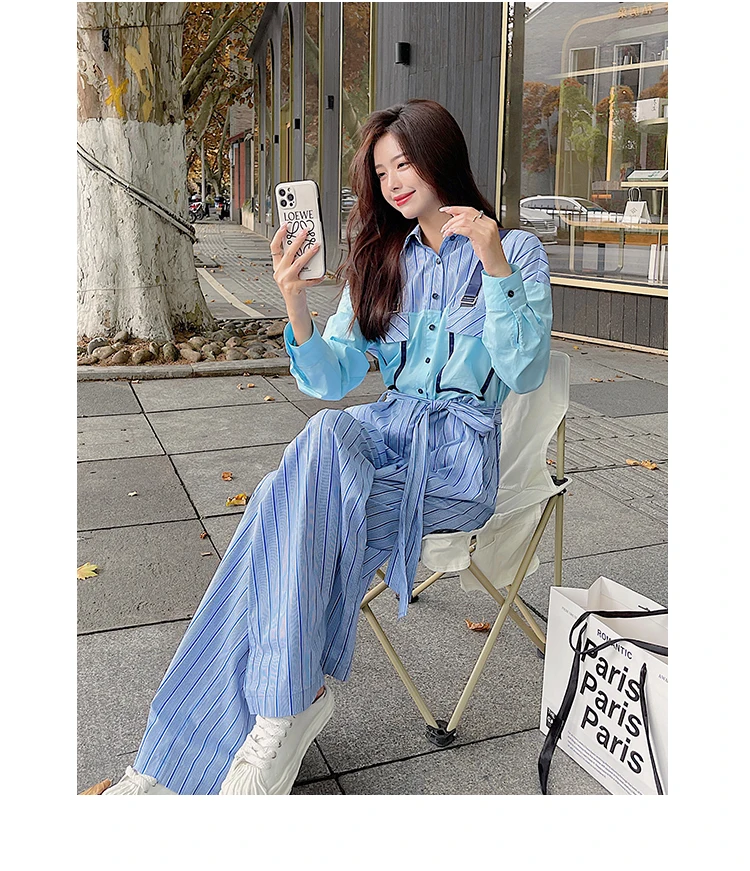 

Long Sleeve Stripe Wide Leg Jumpsuit Women Fashion Elegant Loose Shirt Style Bandage One Piece Pants Outfit Overalls Romper F22