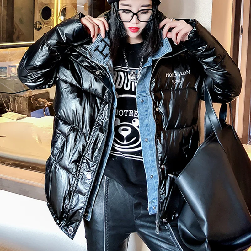 

Pop Winter Padded Jacket Women Harajuku Oversize Denim Collar Jacket Fake 2 Pieces Overcoat Letter Print Loose Hooded Parkas