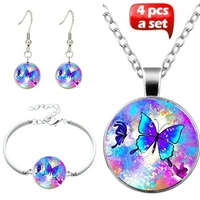 wonderful butterfly cabochon glass pendant necklace bracelet bangle earrings jewelry set totally 4pcs for women fashion jewelry
