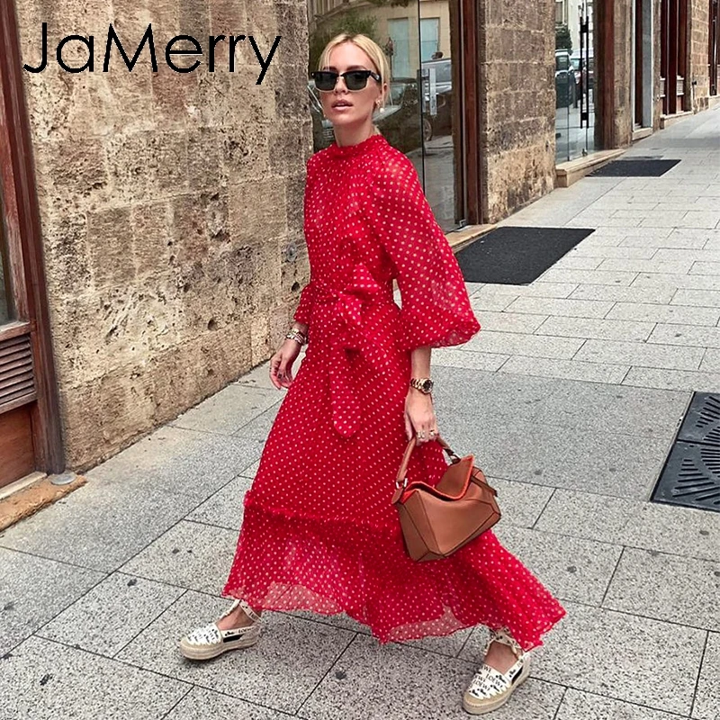 Женское винтажное длинное платье JaMerry вечерние платья в горошек с рукавами