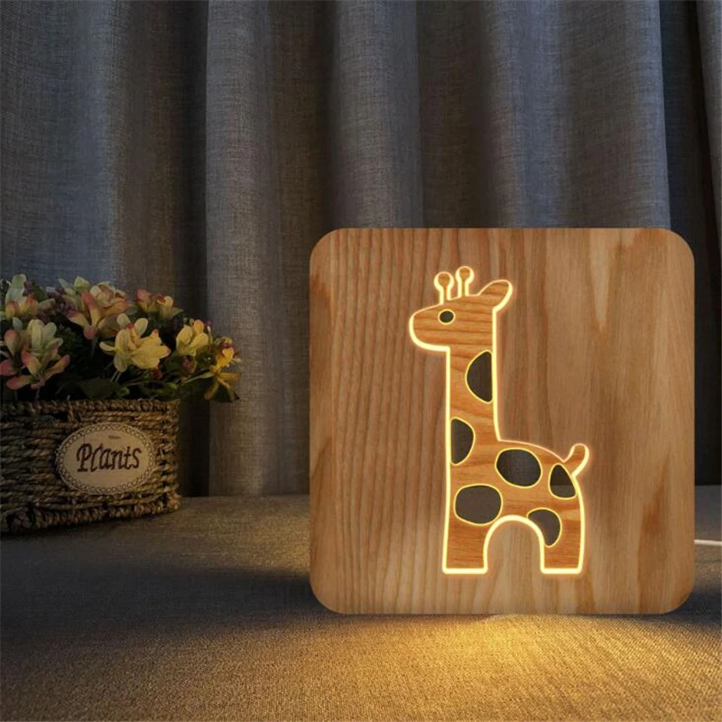 Jirafa 3D Led de noche de madera para dormitorio de niños, lámpara de mesa de tallado hueco de madera, decoración de sala de estar, luces blancas cálidas