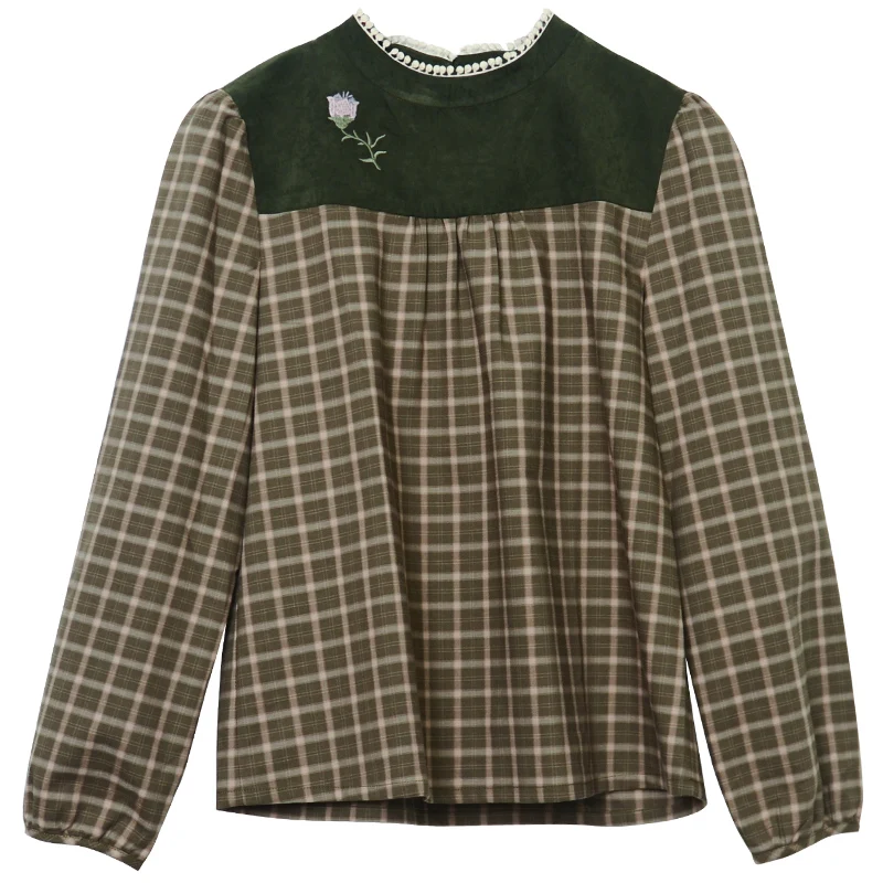 

CYNTHIA Women Plaid Embroidery Blouse Female Vintage Lace-up Long-sleeve Autumn Spring Shirts Fans +3% Discount 20QDA-162