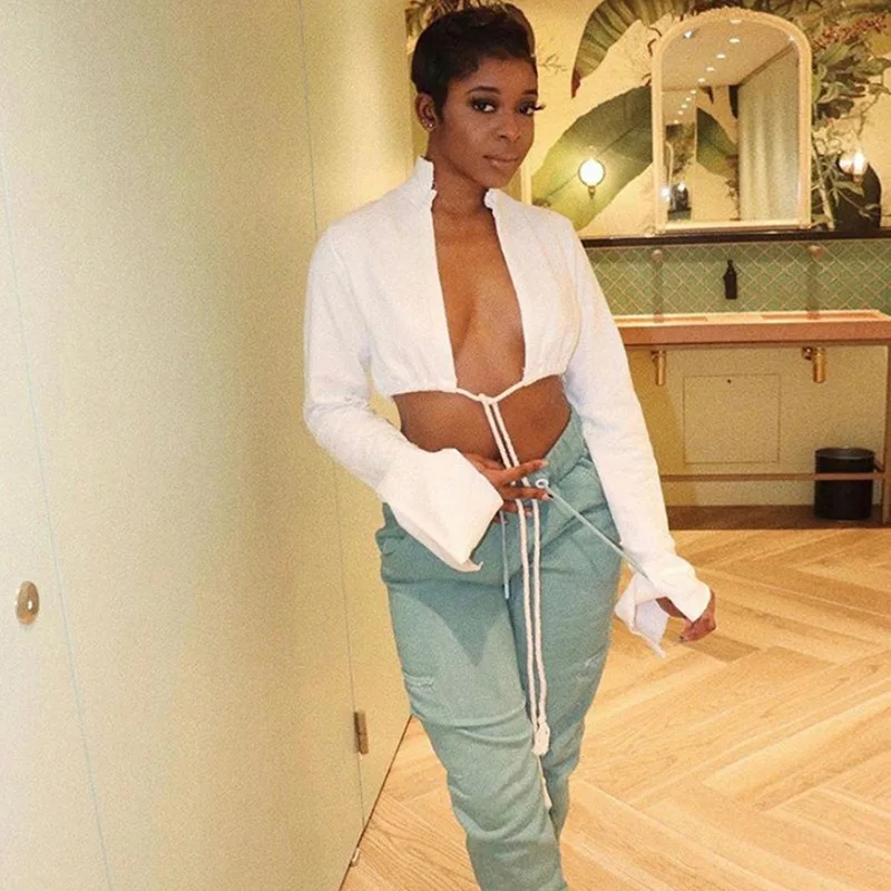 

Твердые Flare рукавом шнурок футболки открытые короткие топы с вырезом спереди на осень с высоким, плотно облегающим шею воротником сексуальн...