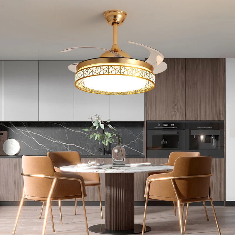 

Gold&Black Ceiling Fan Lights Remote Control Bedroom Decor Ventilator Lamp 48cm Air Invisible Blades Retractable