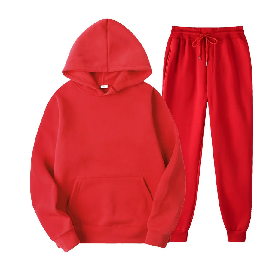 Осенне-зимний костюм с капюшоном 2021, мужская и женская модная однотонная Красная толстовка, высококачественные брюки, спортивная одежда, сп...