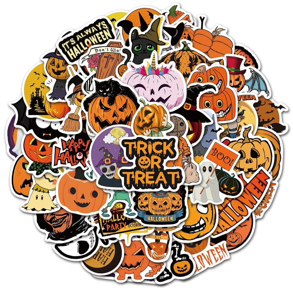Pegatinas de cabeza de calabaza de dibujos animados, juguetes de decoraci&oacute;n de guitarra impermeables de grafiti para Halloween, 10/30/50 Uds., venta al por mayor-1