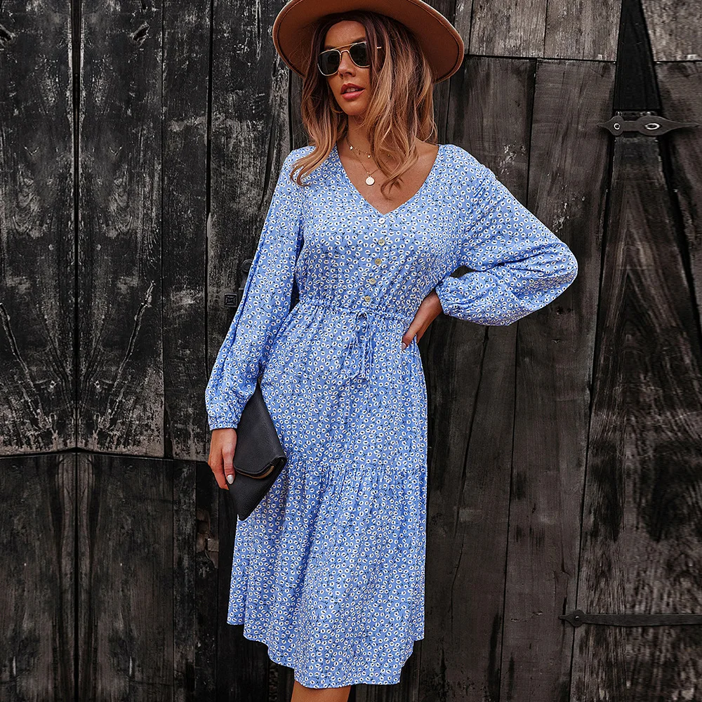 

Elegant Autumn Winter Ladies Floral Print Long Chic Dress Women Casual 2021 New Holiday Style Lace Up Full Sleeve Button Dress