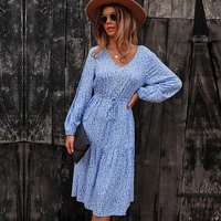 elegant autumn winter ladies floral print long chic dress women casual 2021 new holiday style lace up full sleeve button dress