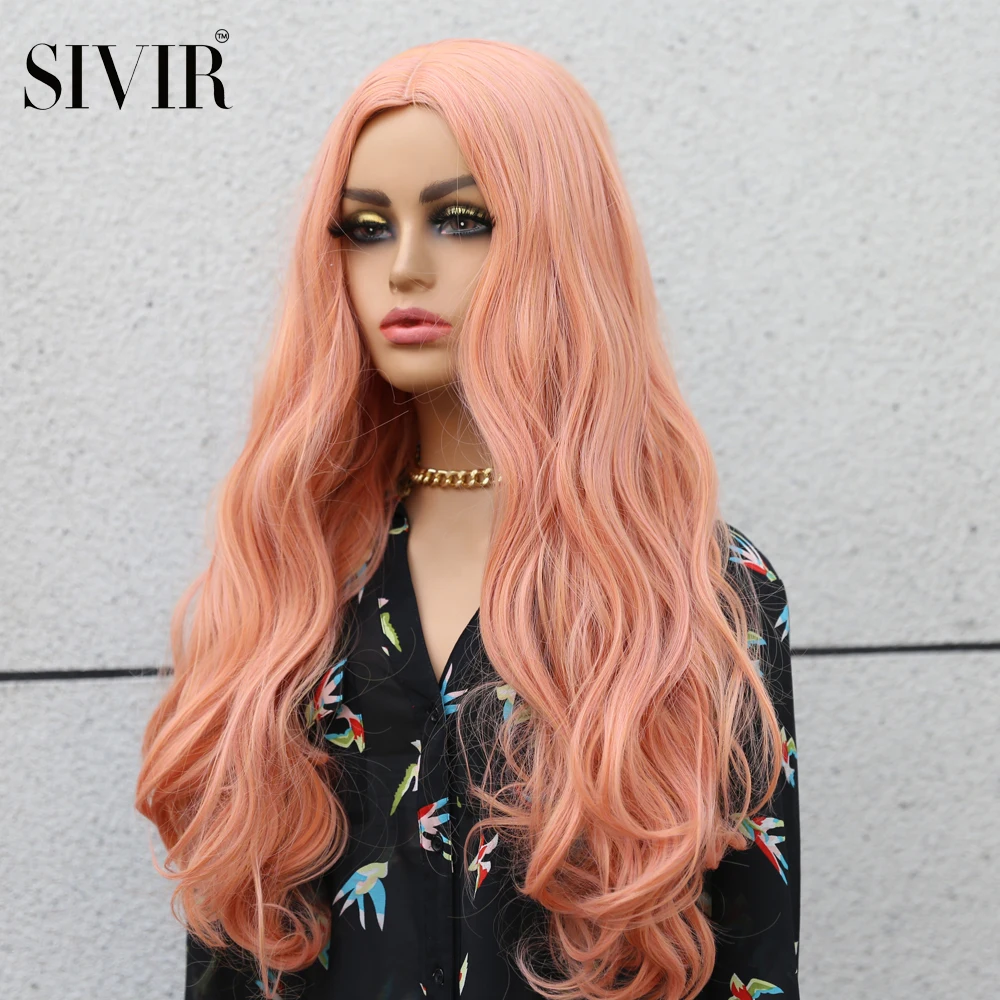 

Sivir 26inch Synthetic Wigs for Women Long Wave hair Wig Middle Parting Wig Brown Orange Pink Purple Cosplay Heat Resistant