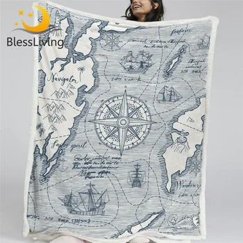 BlessLiving Compass Adventure Bed Blanket Yacht Nautical Plush Blanket Blue World Map Custom Blanket Travel Theme Mantas De Cama 1