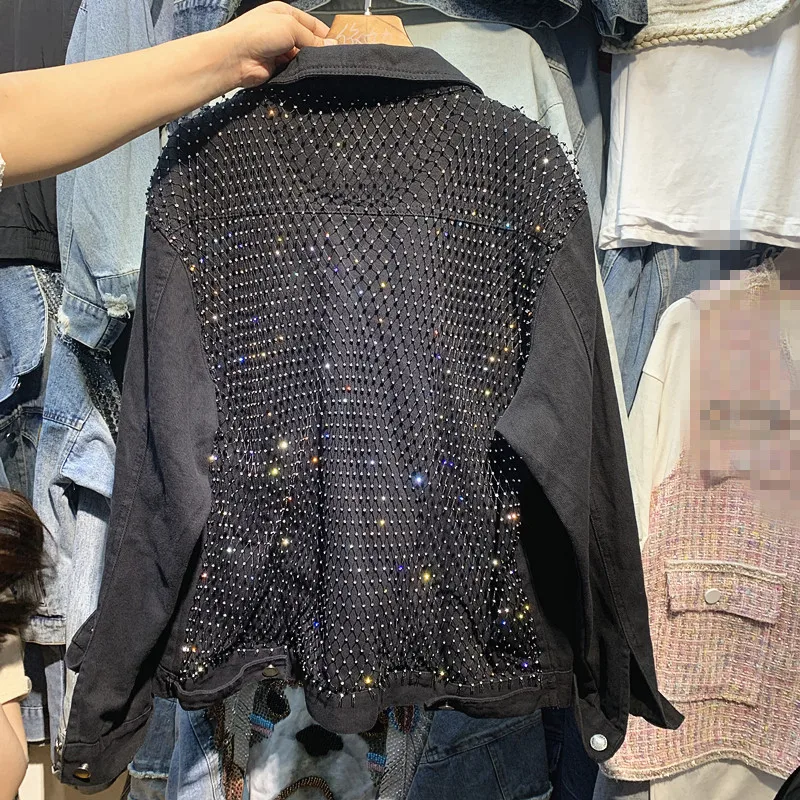 Женская джинсовая куртка с бриллиантами блестящая свободная длинная для работы