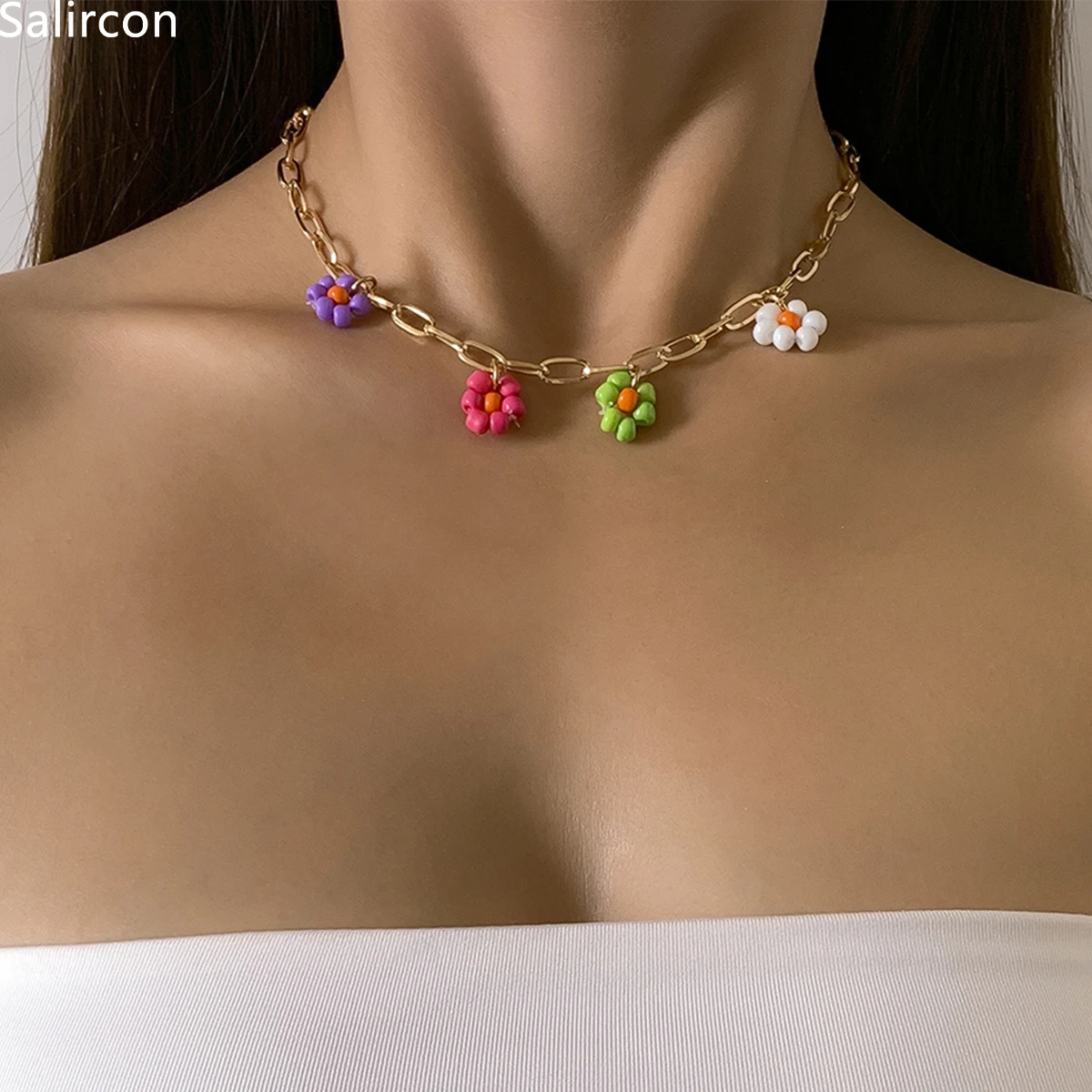 

Hot Sale High Quality Colorful Flowers Pendant Necklace For Women Collares Aesthetic Indie Alloy Chain Choker Necklace Jewelry