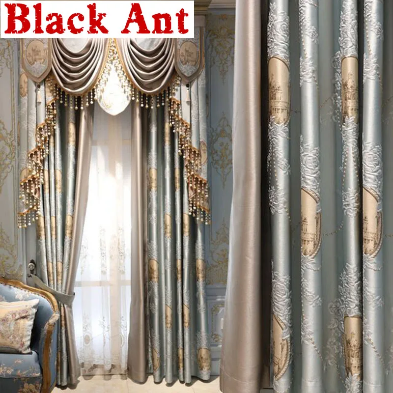 

Luxury Manor Villa Bedroom Curtain Blue Smooth Silk Fabric Blackout Curtain Window Drapes Tulle For Living room Cortinas X803F