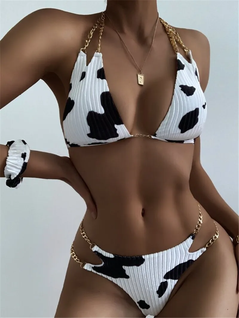 

CHRONSTYLE Cow Skin Print Bikini Set Swimwear 2021 Sexy Women Chain Patchwork Halter V-neck Push Up Beachwear Hollow Out Bathing