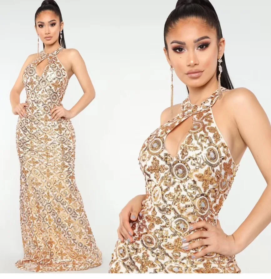 Женское платье в рождественском стиле золотого цвета без рукавов длина до пола