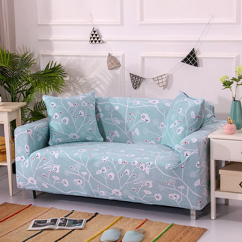Чехол для дивана плотный с изображением синих цветов универсальный нескользящий