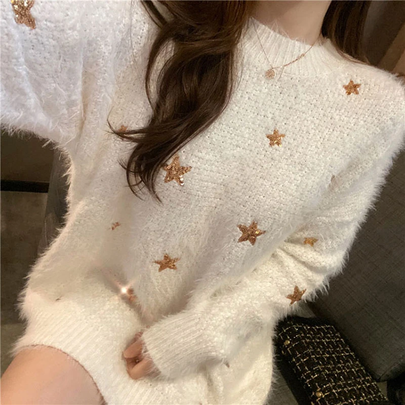 Женский джемпер с блестками блестящая Звезда имитирующая норка свитер вязаный