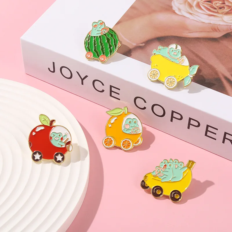 

Frog Stroller Enamel Pin Custom Apple Fruit Series Brooches Bag Lapel Pin Cartoon Animal Badge Jewelry Gift For Kids Friends