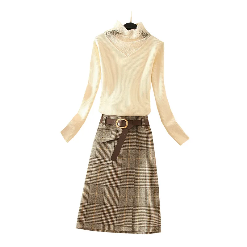 

2020 autumn women sets two pieces knitted sweaters and plaid high waist skirts office lady elegant skirts suits top quality