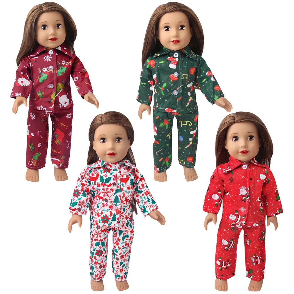 18 Inch American Doll Girls Clothes Print Pajamas Christmas Elements Dress Born Baby Toys Accessories Fit 43 Cm Boy Dolls D11