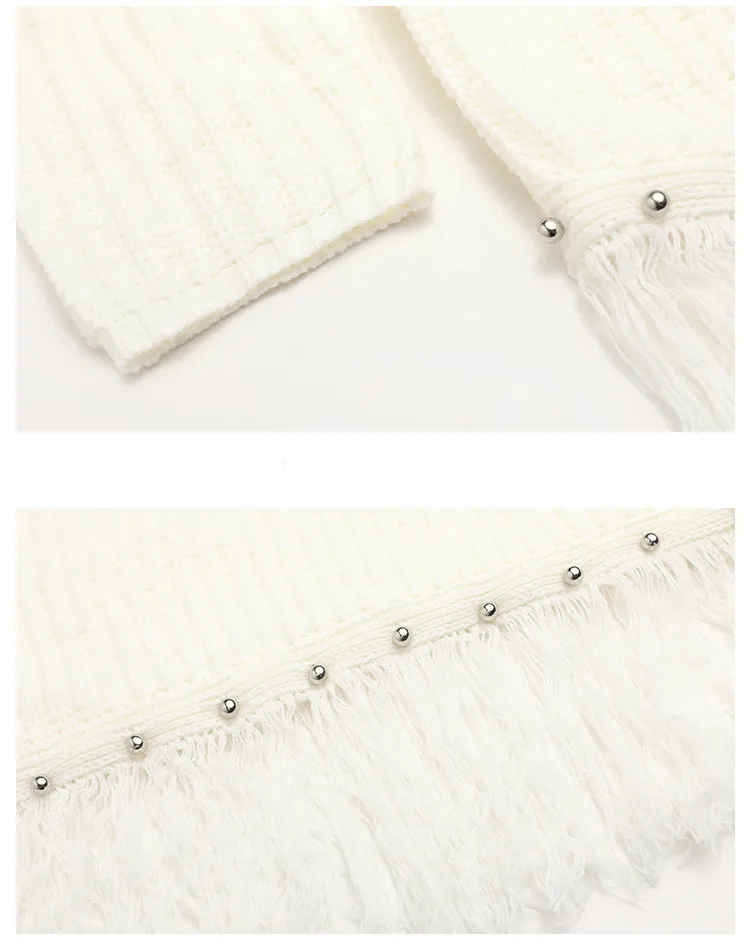 

Autumn Winter Fashion Turtleneck Sweater Patchwork White Color Tassel Women Pullover