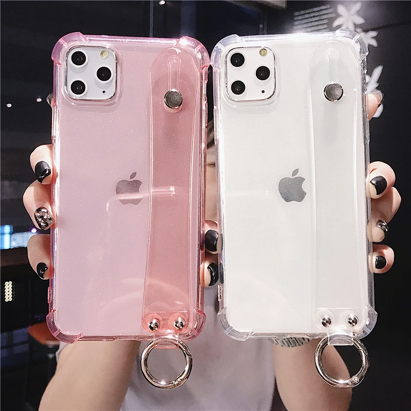 

Glitter Powder Wrist Strap Phone Case For iPhone 11 Pro Max X XR XS 12 Mini 6S 7 8 Plus SE2020 Transparent Soft Shockproof Cover