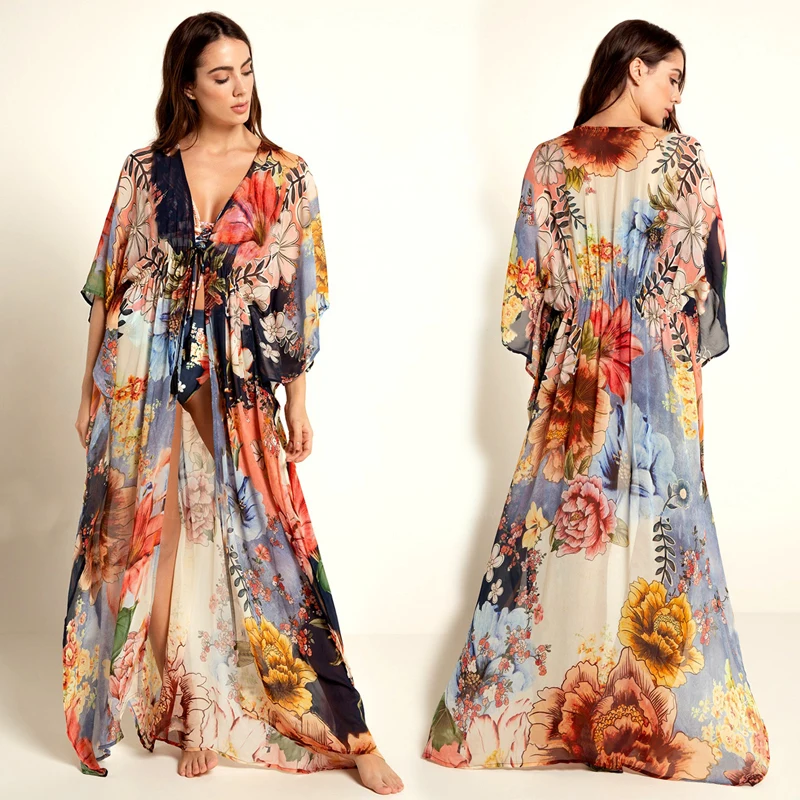 

2021 Multicolored Bohemian Floral Printed Long Kimono Cardigan Cotton Tunic Women Plus Size Beachwear Clothes Tops Blouse N1030