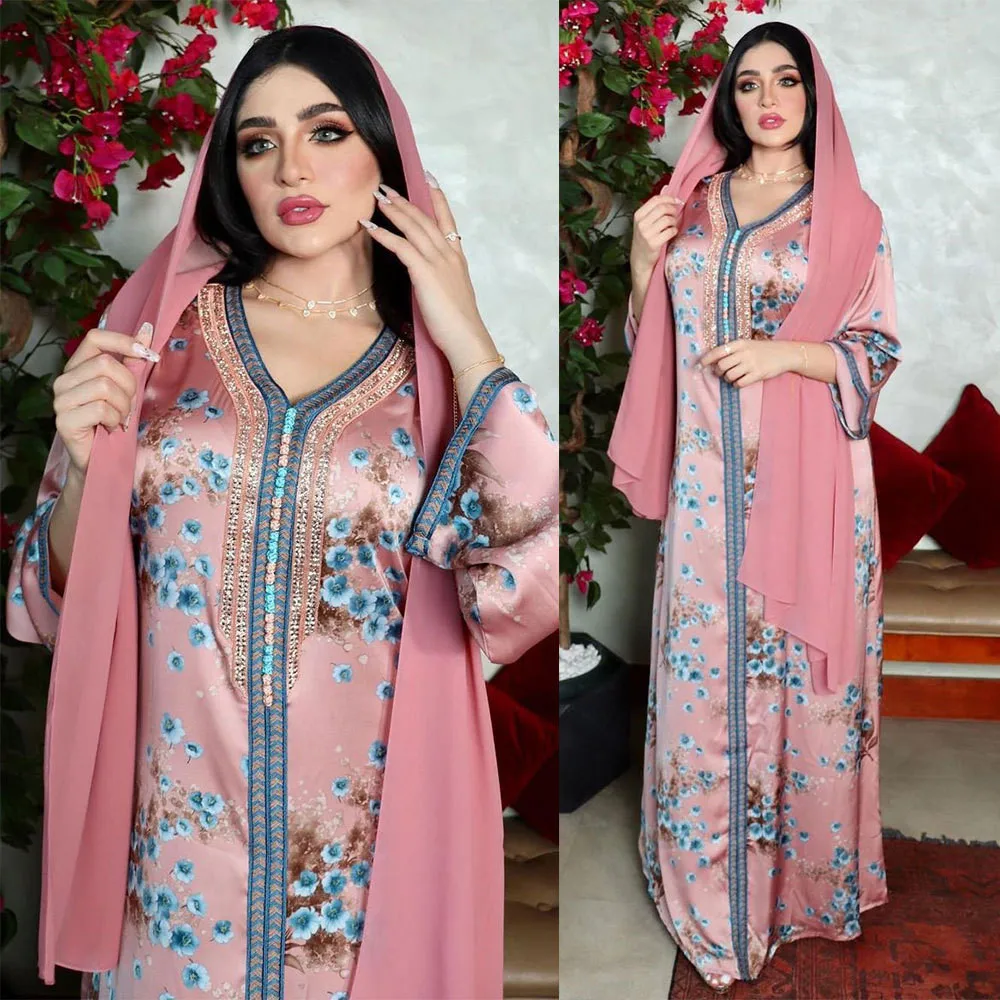 

Middle East Dubai Muslim Printed Dress Women's Abayas V-neck Caftan Eid Ramadan Islamic Clothing Arabic Jilbab Ethnic Jalabiya