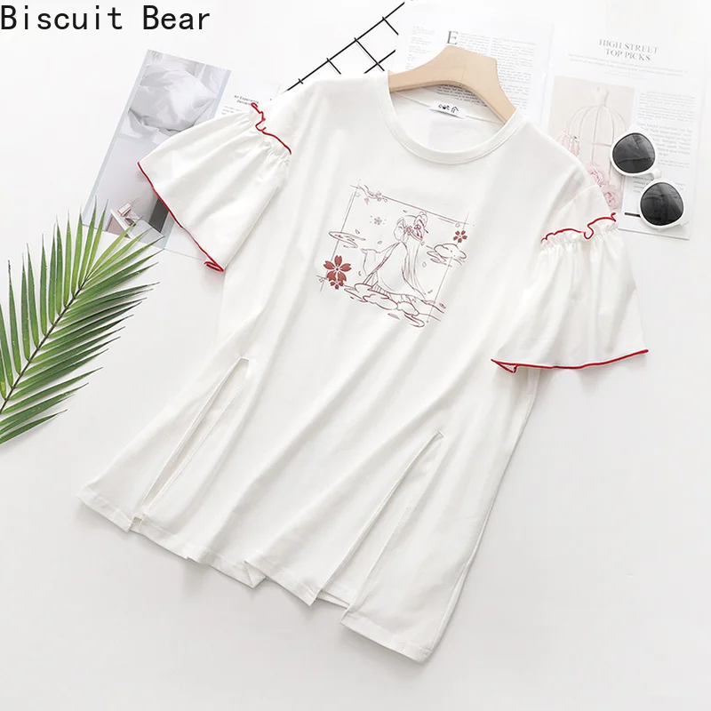 

Сладкий Стиль женская летняя хлопковая футболка с длинным рукавом и надписью футболки с мультяшным принтом топы с рукавом-бабочка 2021 Новая ...