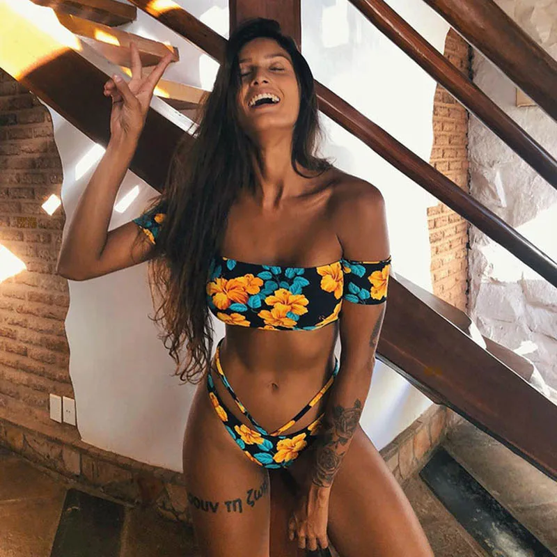 Женское бикини с высокой талией купальник коротким рукавом женский пуш ап бандо