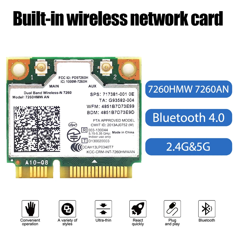 

7260HMW 7260AN Wireless Card Bluetooth 4.0 300M 2.4G/5G Dual Band Mini PCI-E Wifi Network Card for PC Desktop Laptop