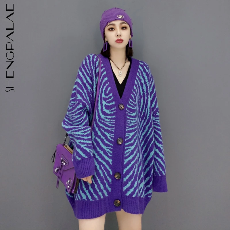 

SHENGPALAE модный Леопардовый вязаный кардиган для женщин осень 2021 Новый v-образный Вырез Свободный однобортный свитер с длинным рукавом пальто ...