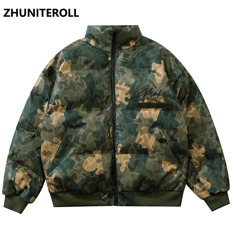 

PU Leather Camouflage Fashion 2021 Harajuku Puffer Thick Jacket Men Hip Hop Windbreaker Winter Padded Outwear Coat Tops Clothing
