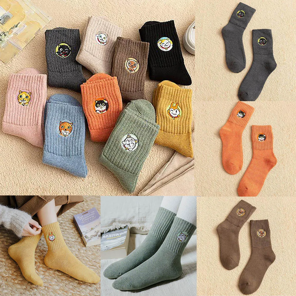 Милые Носки с рисунком кота женские хлопковые утепленные носки средней длины