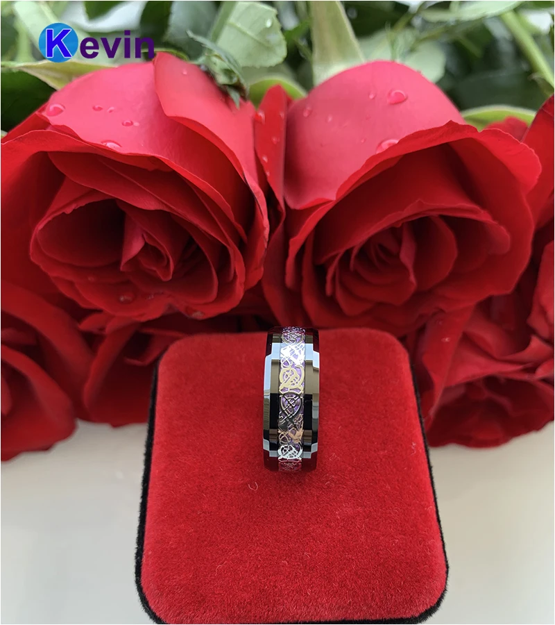 Вольфрамовое кольцо 8 мм для мужчин и женщин обручальное с фиолетовым углеродным