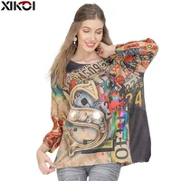 xikoi women oversized sweater dress autumn pullovers batwing sleeve patchwork print slash neck pull femme knitted sweaters