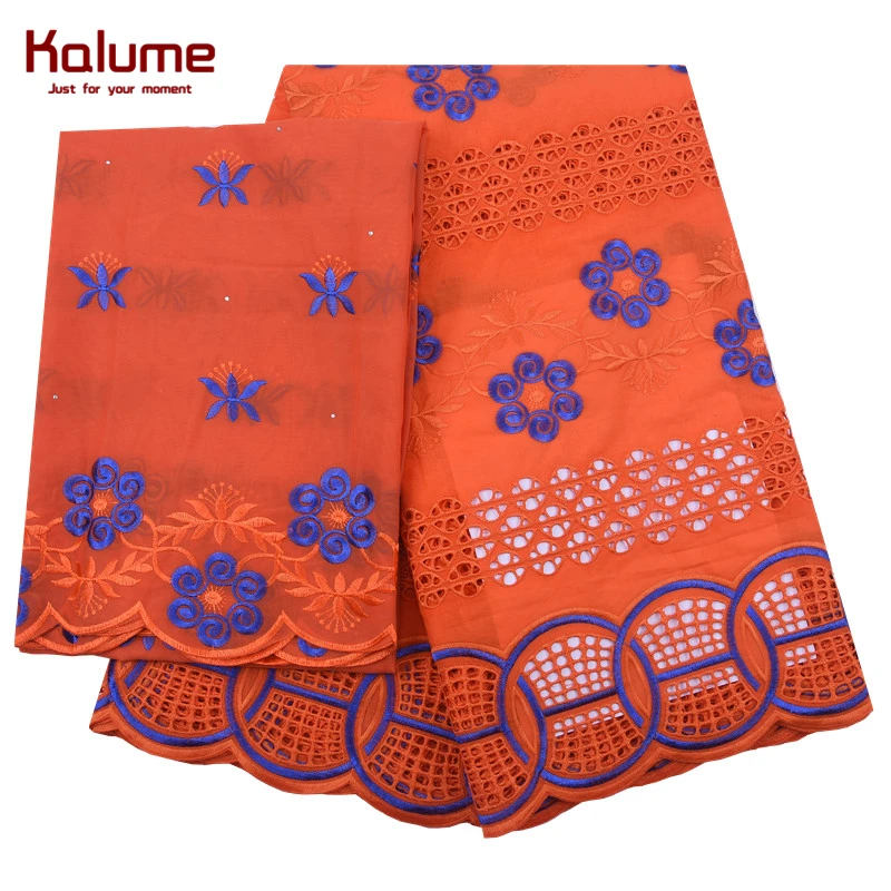 Kalume Royal Blue African Lace Fabric 5+2Yards With Headcloth Nigerian Swiss Cotton Stones For Dress Party F2029 | Дом и сад