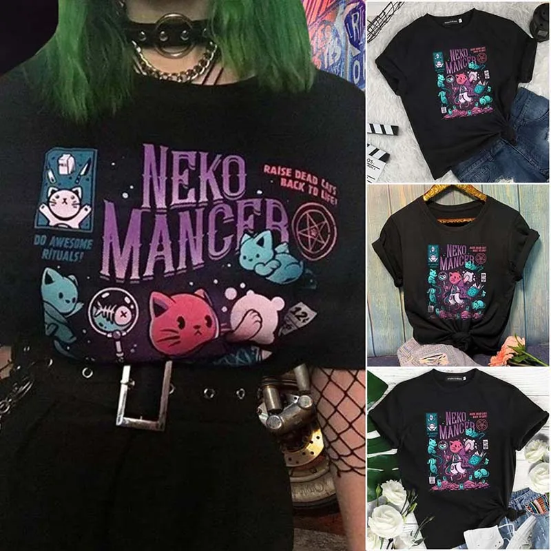 

Women Black Hip Hop Cute Cat Printed Boyfriend Style Loose Oversize Streetwear Men Unisex Clothes T-shirt