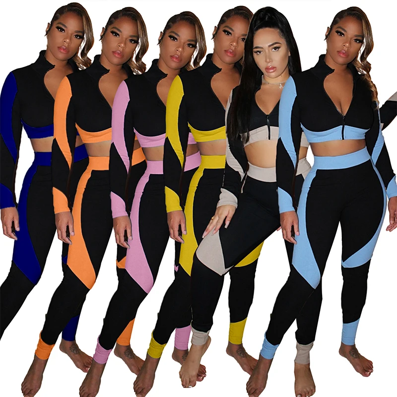 

HAOYUAN Sexy Patchwork Two Piece Set Jumpsuit Long Sleeve Zip Crop Top+fitness Pants Tracksuit Women Fall Clothing Club Outfits